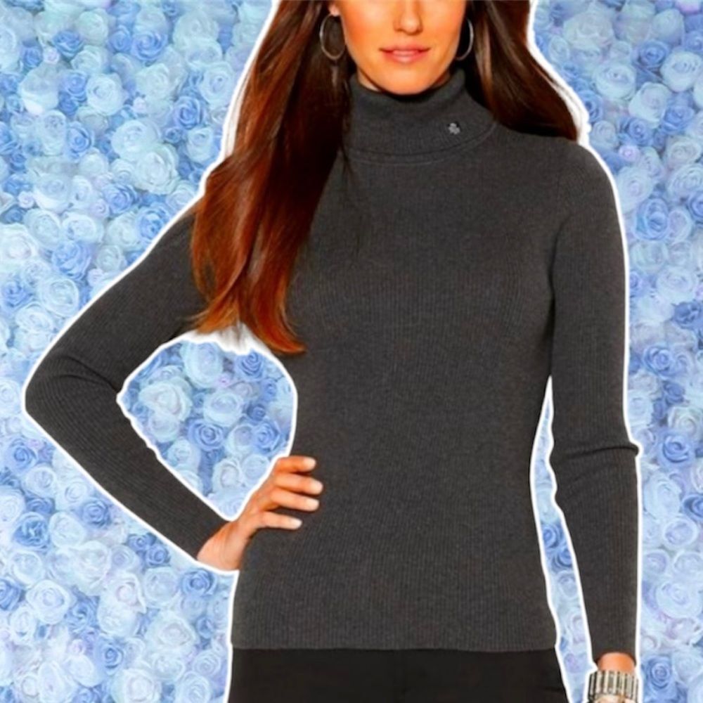 Lauren Ralph Lauren XL Ribbed Turtleneck Gray Old Money Minimalist Embroidered